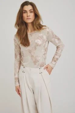 Florana - Langærmet mesh bluse med broderi