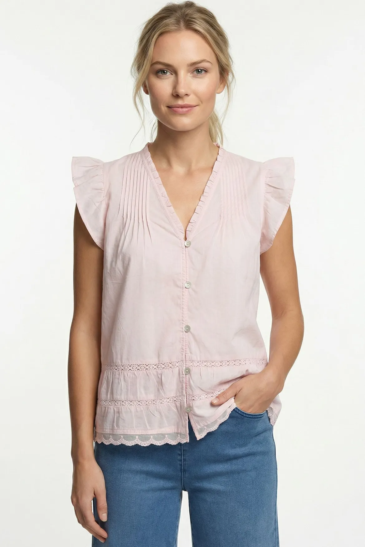 PEACH - Skjortebluse med flæser og broderi detaljer