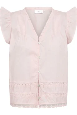 PEACH - Skjortebluse med flæser og broderi detaljer