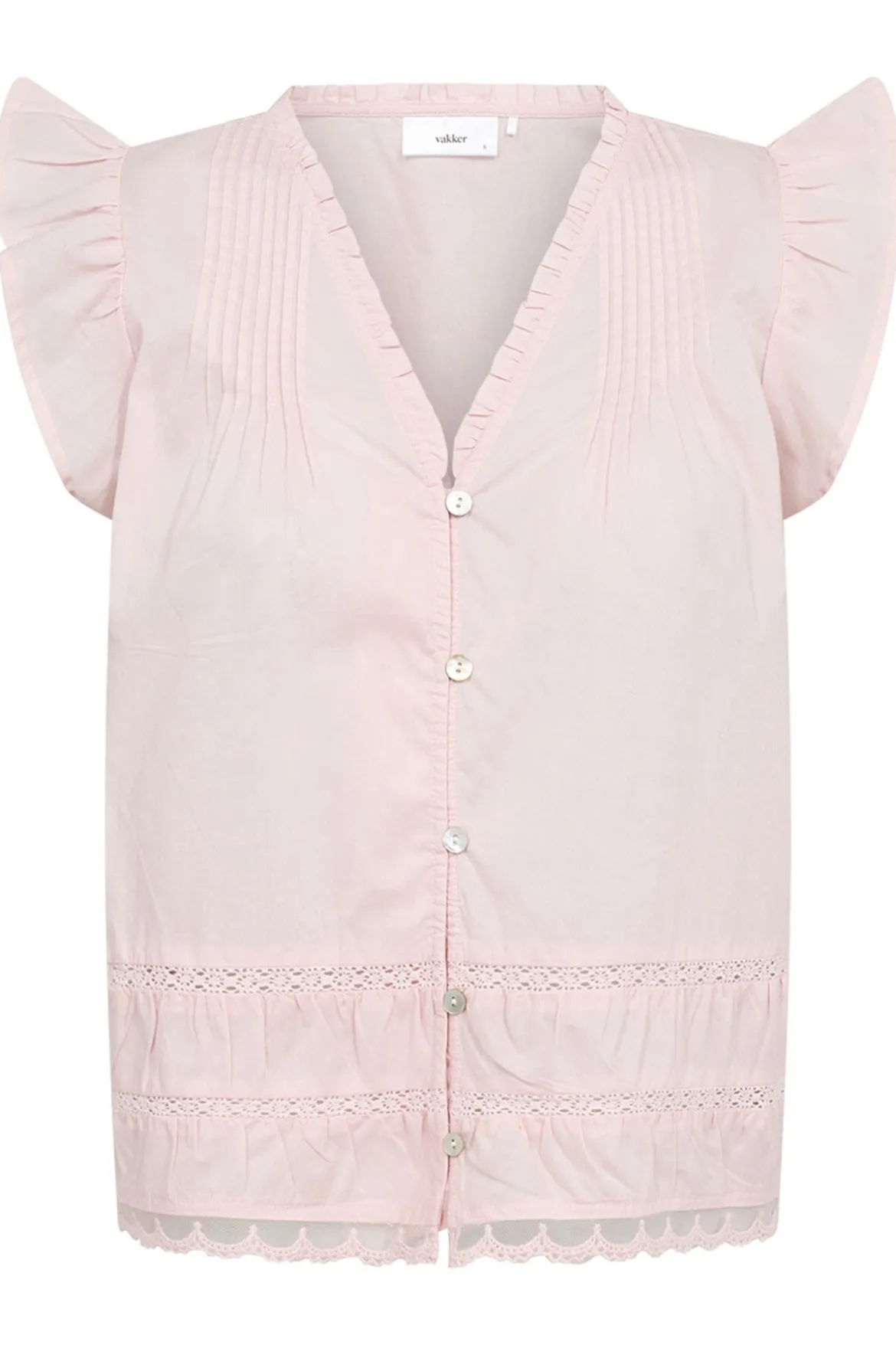 PEACH - Skjortebluse med flæser og broderi detaljer