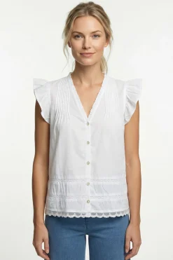 PEACH - Skjortebluse med flæser og broderi detaljer