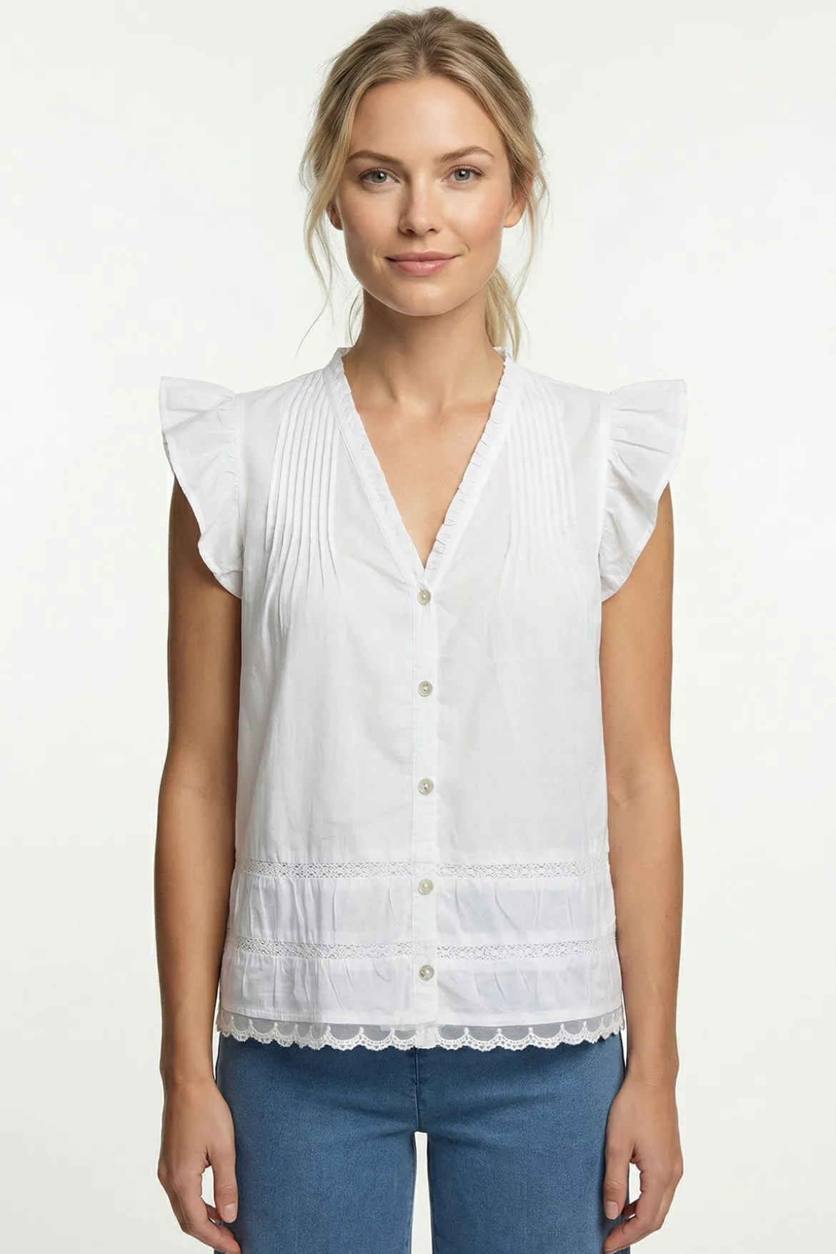 PEACH - Skjortebluse med flæser og broderi detaljer