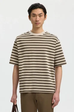 SLHRELAXASPEN - Stribet bomulds t-shirt med korte ærmer