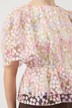 YASLEANNA - Kortærmet bluse med pufærmer og blomster